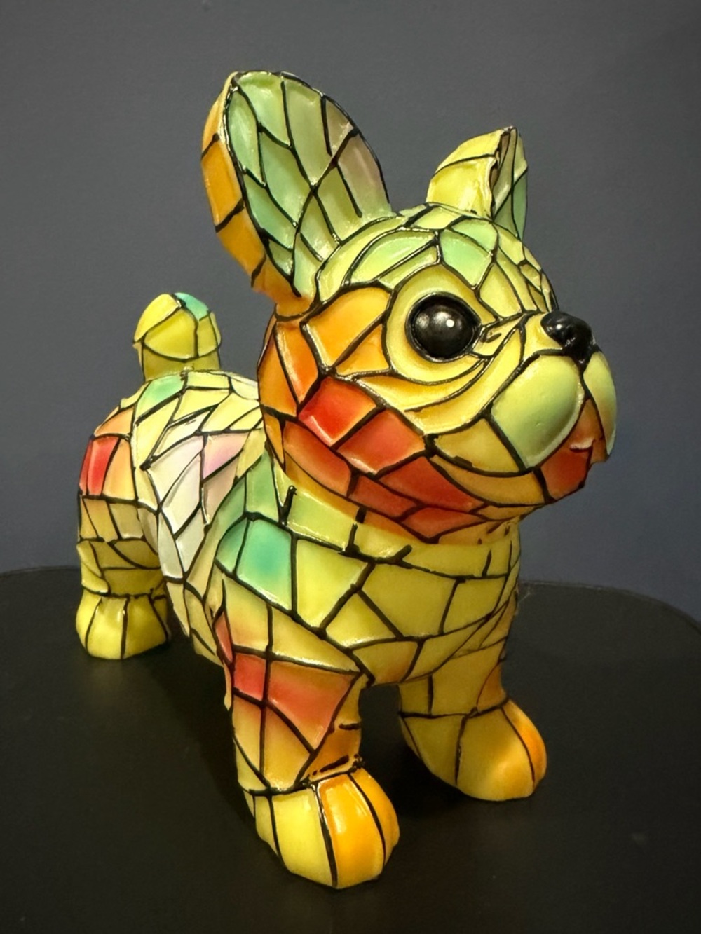 New French Bulldog Yellow Stained-Glass Looking Mosaic Sculpture with Light